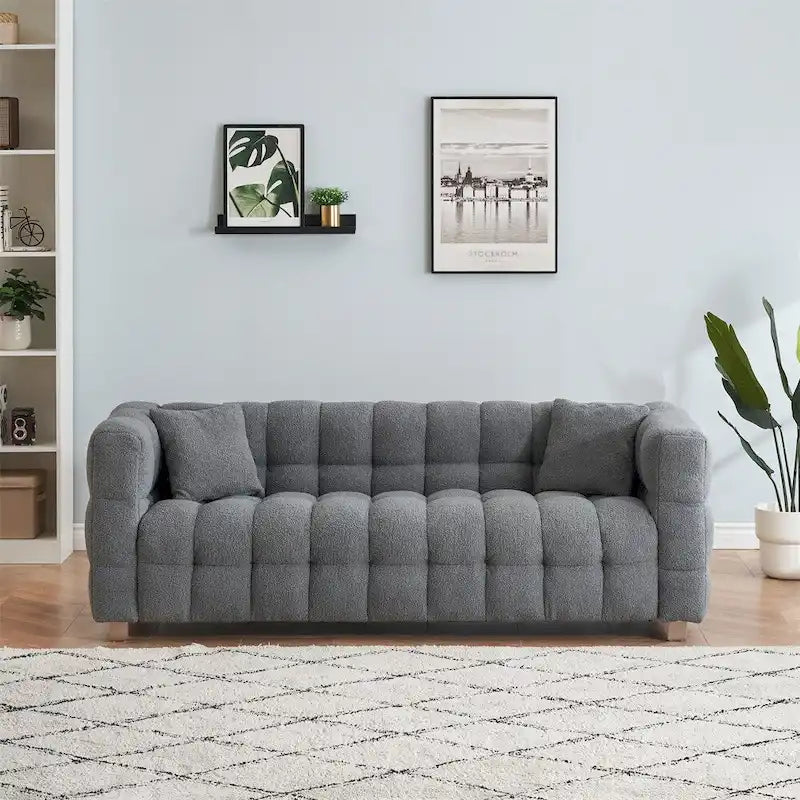 Teddy Fleece Sofa with Throw Pillows – Green / Grey / Beige / Pink, Curved Style, Seats 3