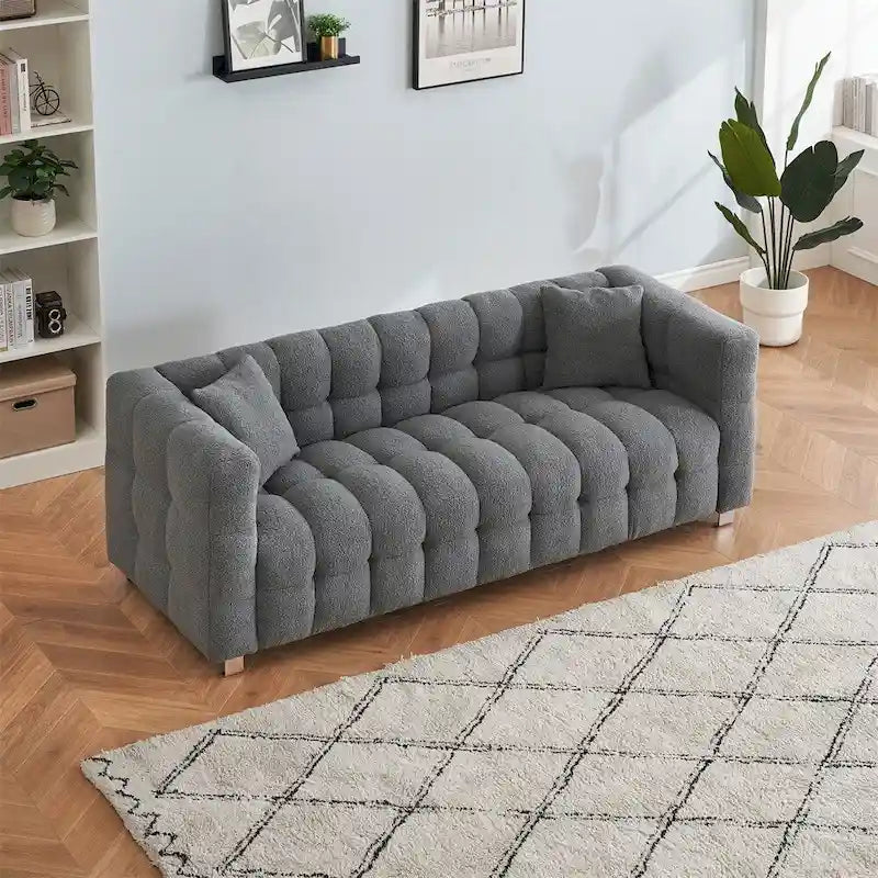 Teddy Fleece Sofa with Throw Pillows – Green / Grey / Beige / Pink, Curved Style, Seats 3