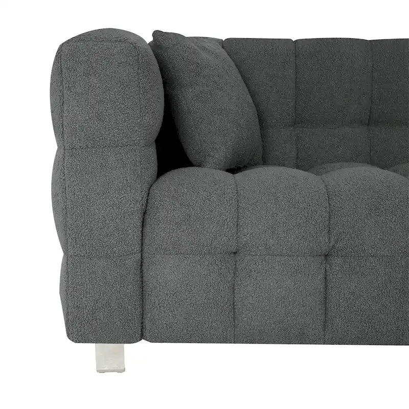 Teddy Fleece Sofa with Throw Pillows – Green / Grey / Beige / Pink, Curved Style, Seats 3