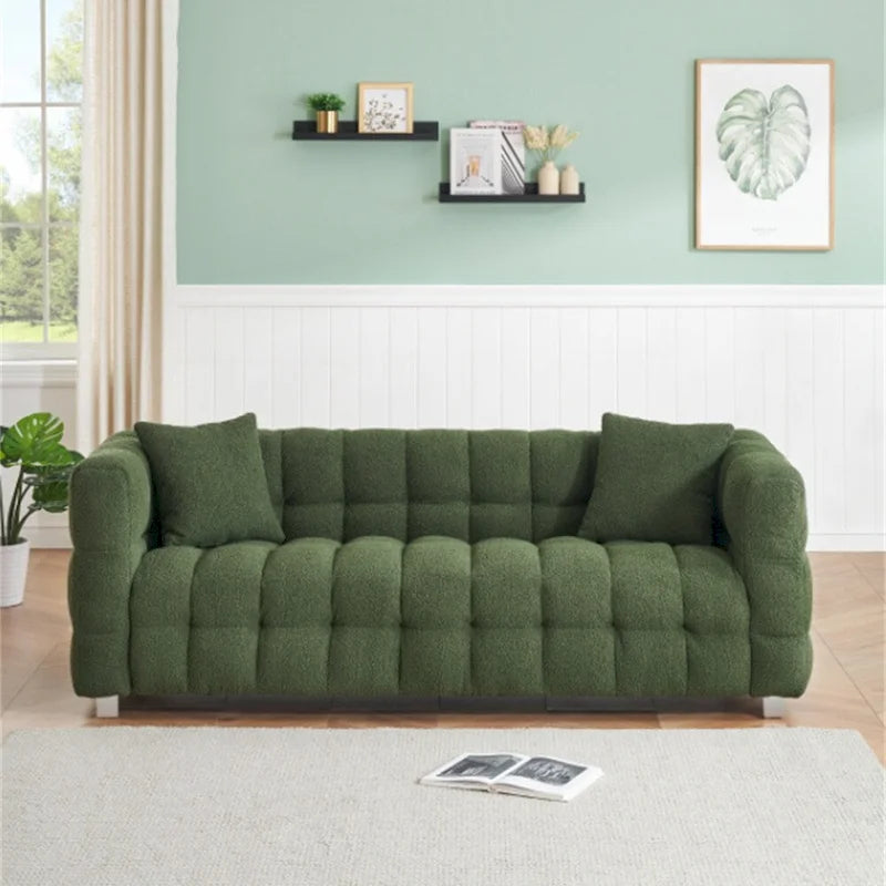 Teddy Fleece Sofa with Throw Pillows – Green / Grey / Beige / Pink, Curved Style, Seats 3