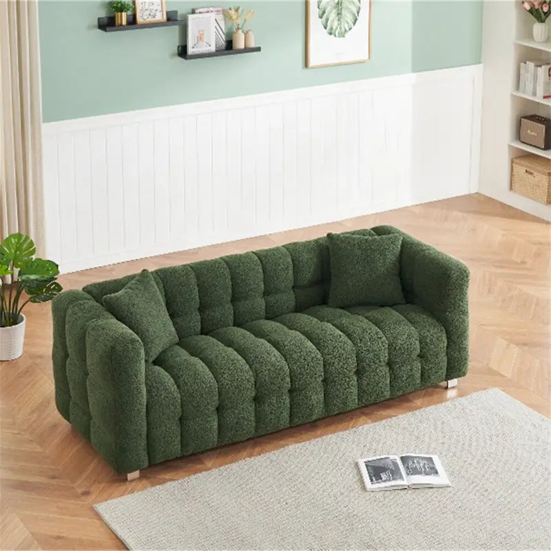 Teddy Fleece Sofa with Throw Pillows – Green / Grey / Beige / Pink, Curved Style, Seats 3