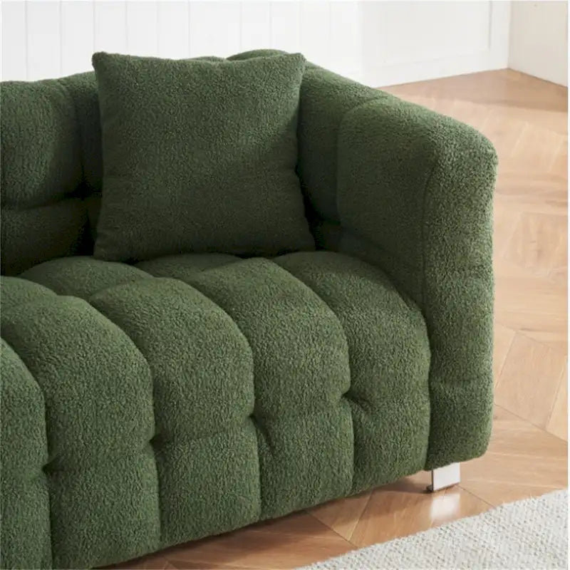 Teddy Fleece Sofa with Throw Pillows – Green / Grey / Beige / Pink, Curved Style, Seats 3