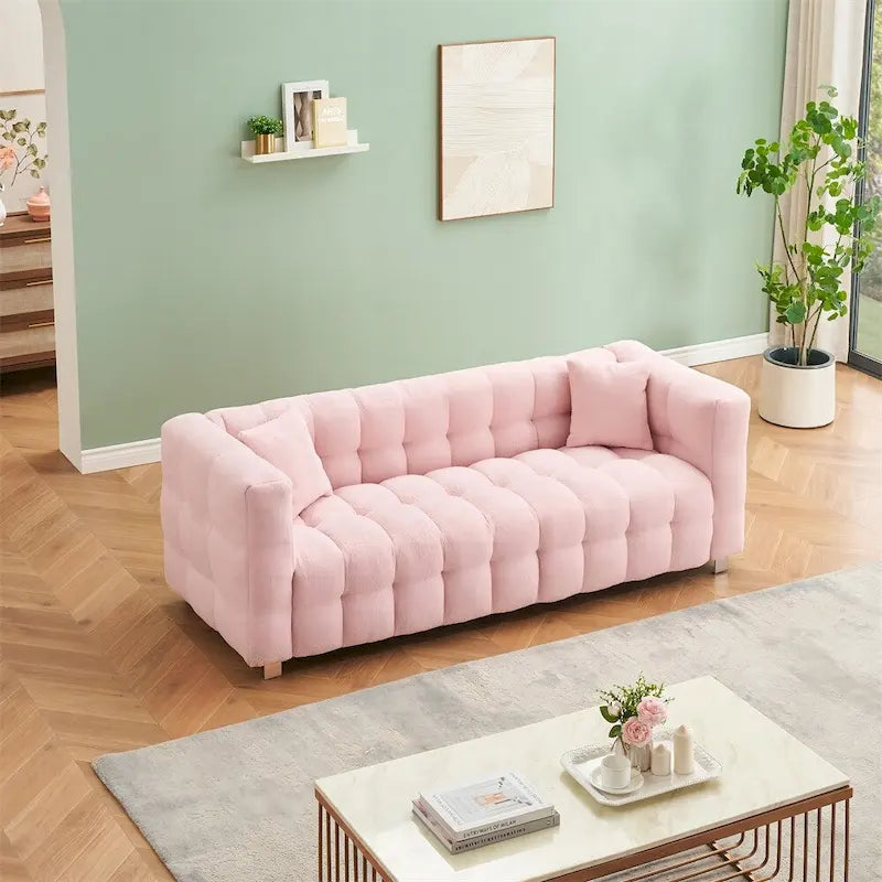 Teddy Fleece Sofa with Throw Pillows – Green / Grey / Beige / Pink, Curved Style, Seats 3