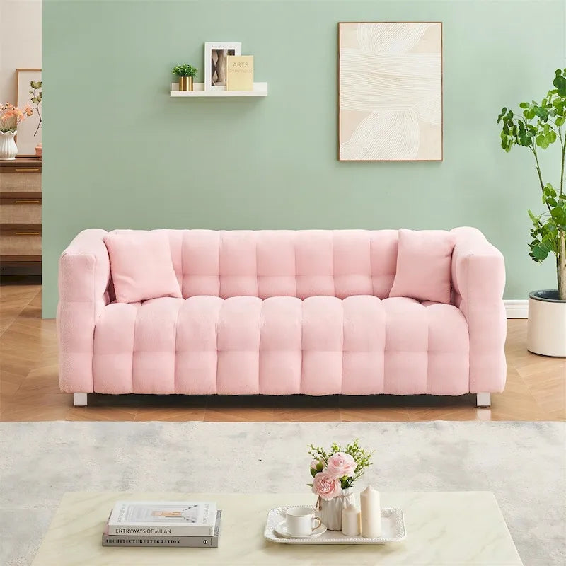Teddy Fleece Sofa with Throw Pillows – Green / Grey / Beige / Pink, Curved Style, Seats 3