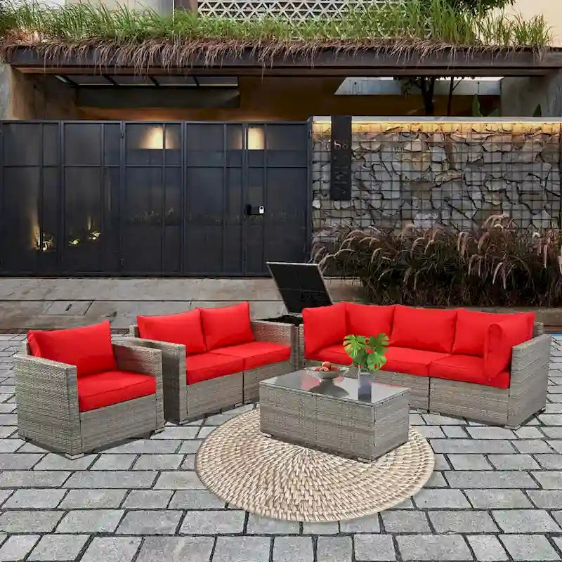 8-Pieces Wicker Outdoor Sectional Set with Glass Coffee Table and Cushions