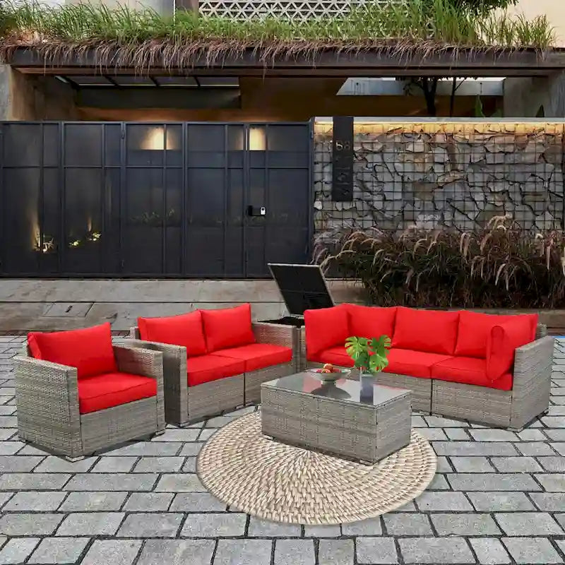 8-Pieces Wicker Outdoor Sectional Set with Glass Coffee Table and Cushions