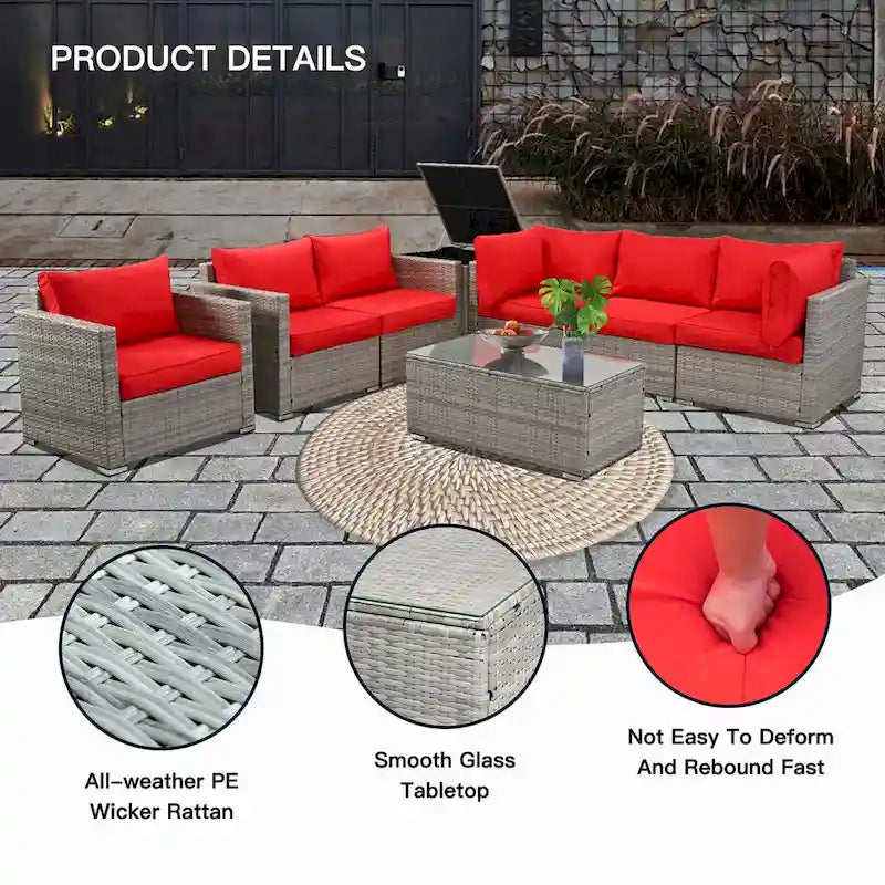 8-Pieces Wicker Outdoor Sectional Set with Glass Coffee Table and Cushions