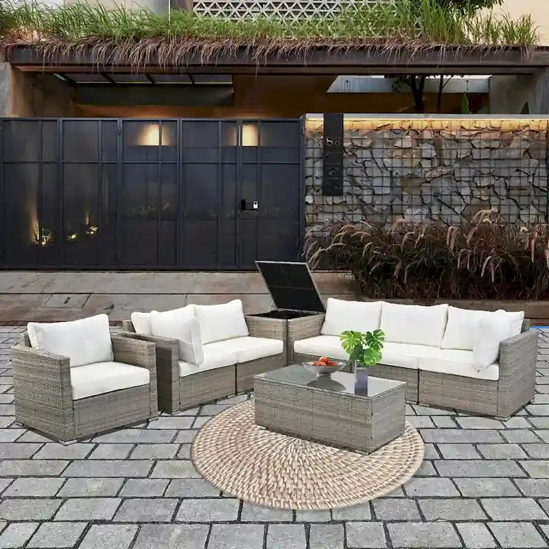 8-Pieces Wicker Outdoor Sectional Set with Glass Coffee Table and Cushions