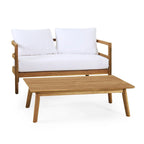 Outdoor Acacia Wood Loveseat and Coffee Table Set with Cushions, Teak and White