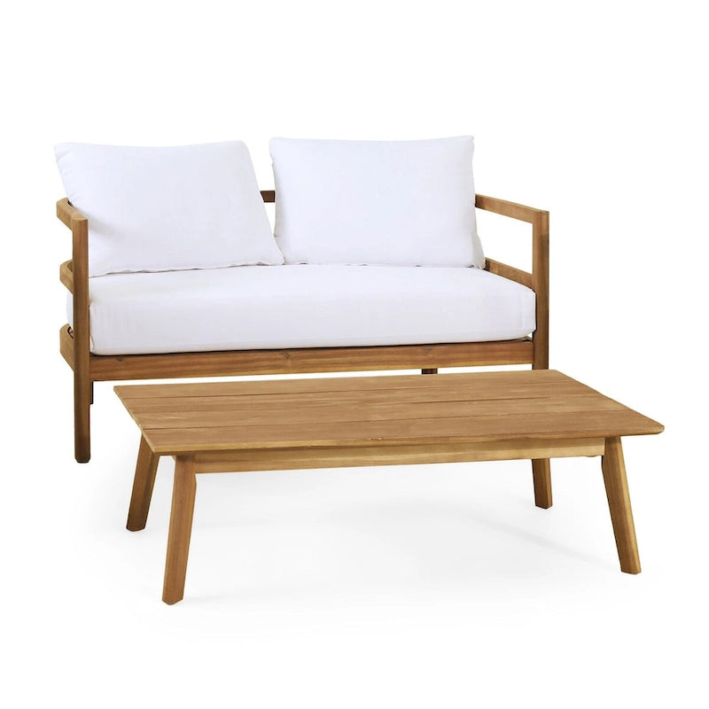 Outdoor Acacia Wood Loveseat and Coffee Table Set with Cushions, Teak and White