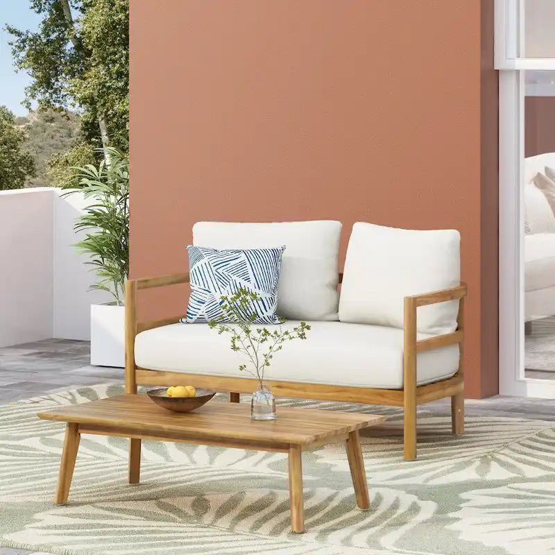 Outdoor Acacia Wood Loveseat and Coffee Table Set with Cushions, Teak and White