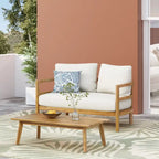 Outdoor Acacia Wood Loveseat and Coffee Table Set with Cushions, Teak and White