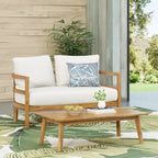 Outdoor Acacia Wood Loveseat and Coffee Table Set with Cushions, Teak and White