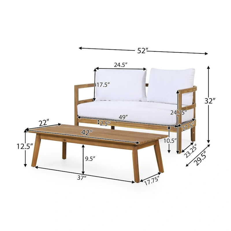 Outdoor Acacia Wood Loveseat and Coffee Table Set with Cushions, Teak and White