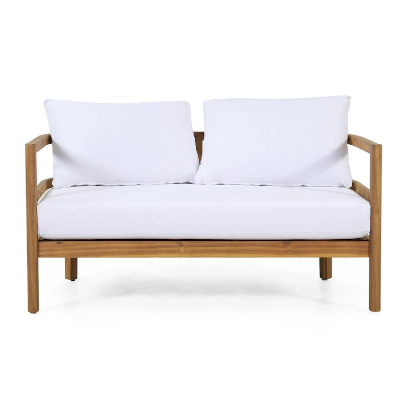 Outdoor Acacia Wood Loveseat and Coffee Table Set with Cushions, Teak and White