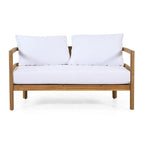 Outdoor Acacia Wood Loveseat and Coffee Table Set with Cushions, Teak and White
