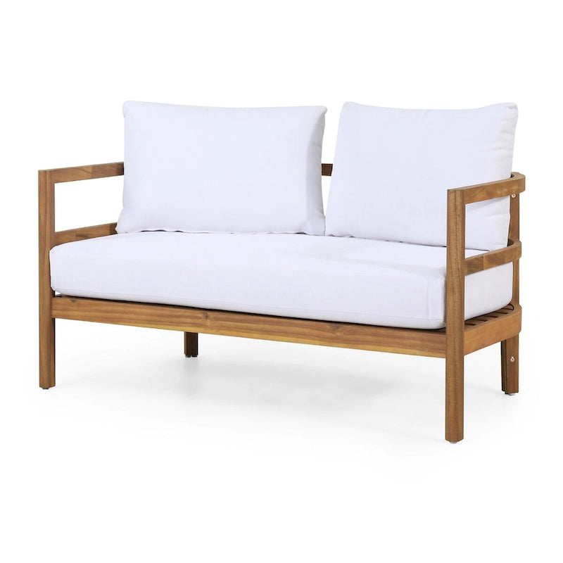 Outdoor Acacia Wood Loveseat and Coffee Table Set with Cushions, Teak and White