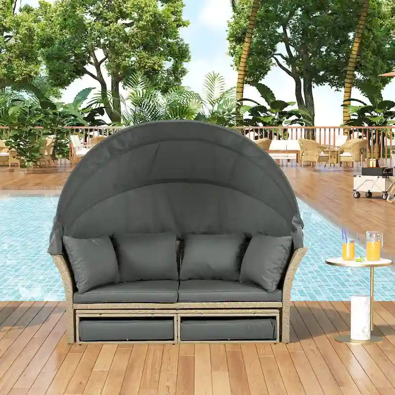 Brown Wicker Rattan Outdoor Day Bed with Gray Cushions and Gray Retractable Canopy