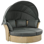 Brown Wicker Rattan Outdoor Day Bed with Gray Cushions and Gray Retractable Canopy