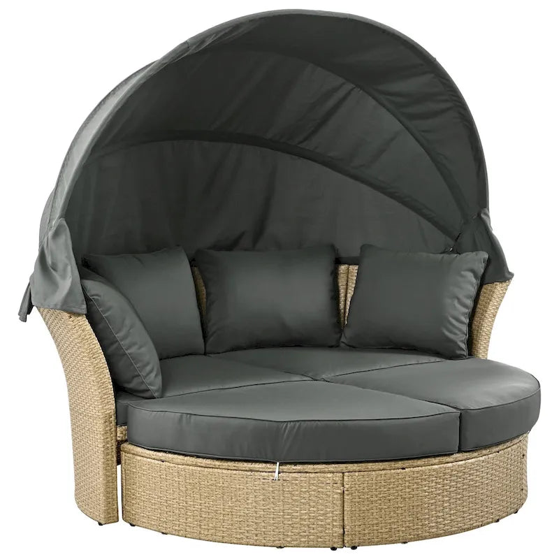 Brown Wicker Rattan Outdoor Day Bed with Gray Cushions and Gray Retractable Canopy