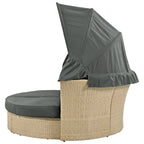 Brown Wicker Rattan Outdoor Day Bed with Gray Cushions and Gray Retractable Canopy