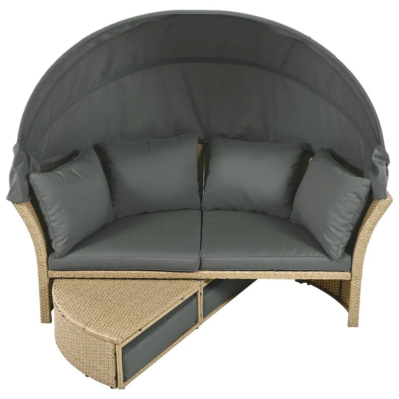 Brown Wicker Rattan Outdoor Day Bed with Gray Cushions and Gray Retractable Canopy