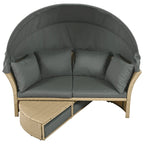 Brown Wicker Rattan Outdoor Day Bed with Gray Cushions and Gray Retractable Canopy