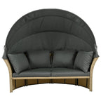 Brown Wicker Rattan Outdoor Day Bed with Gray Cushions and Gray Retractable Canopy