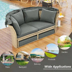 Brown Wicker Rattan Outdoor Day Bed with Gray Cushions and Gray Retractable Canopy