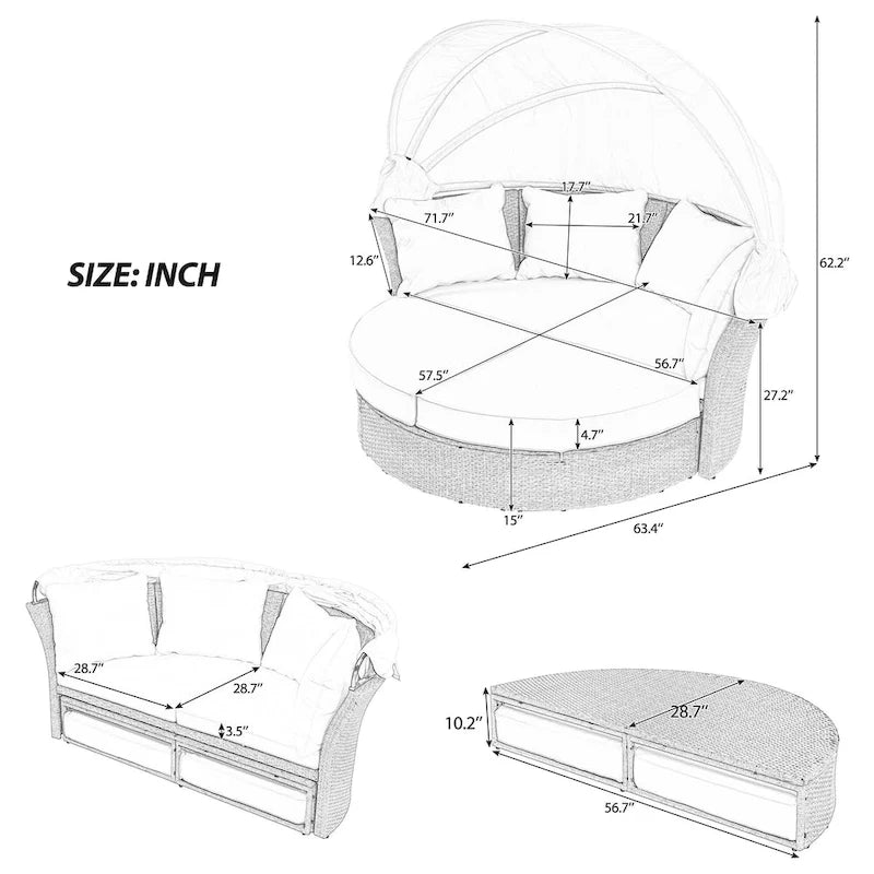 Brown Wicker Rattan Outdoor Day Bed with Gray Cushions and Gray Retractable Canopy