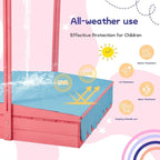 EROMMY Children's Wooden Sandbox with Folding Bench Seats and Adjustable Canopy,Pink