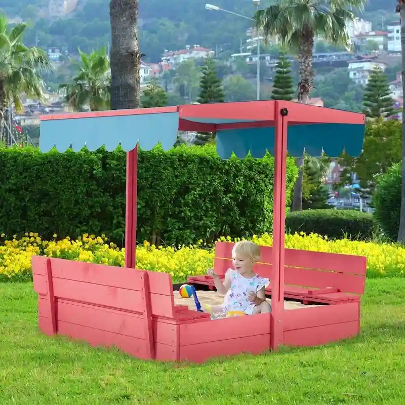 EROMMY Children's Wooden Sandbox with Folding Bench Seats and Adjustable Canopy,Pink