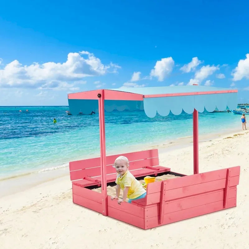 EROMMY Children's Wooden Sandbox with Folding Bench Seats and Adjustable Canopy,Pink